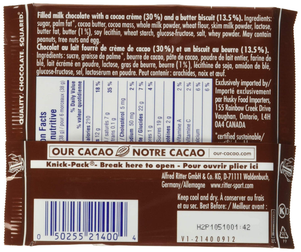 Ritter Sport Milk Chocolate Butter Biscuit close-up showing creamy texture.