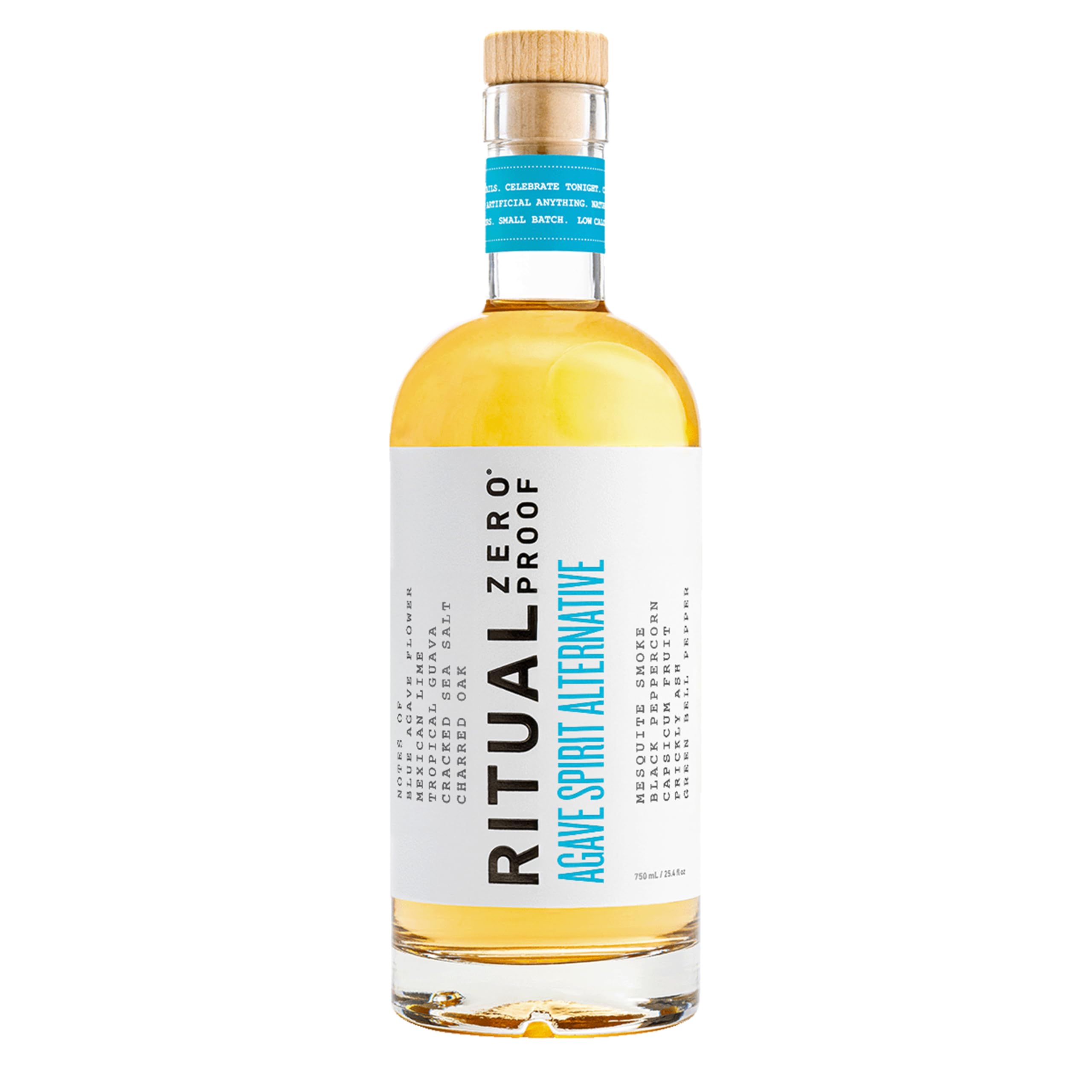 Ritual Zero-Proof agave spirit bottle on a bar, ideal for easy alcohol-free cocktail crafting.