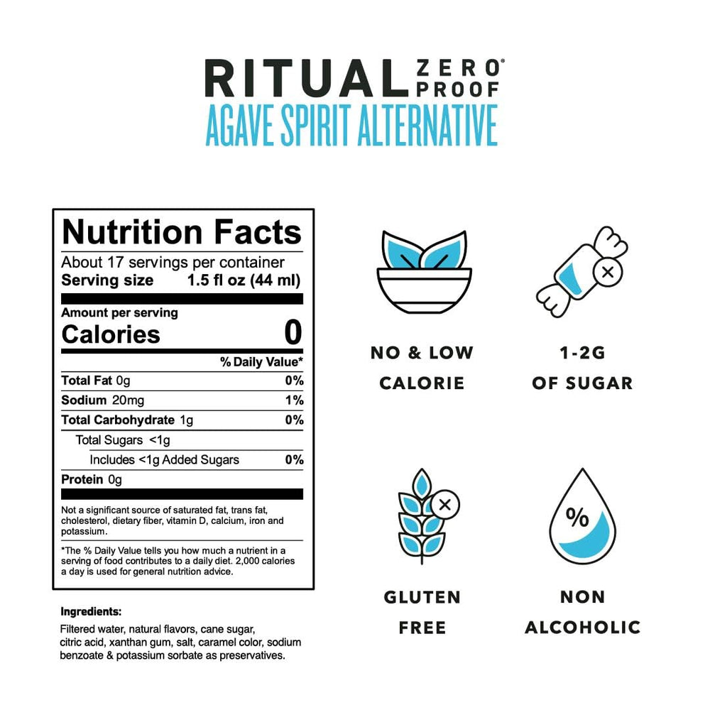 Pouring Ritual Zero-Proof agave spirit into a glass for a zero-calorie cocktail.