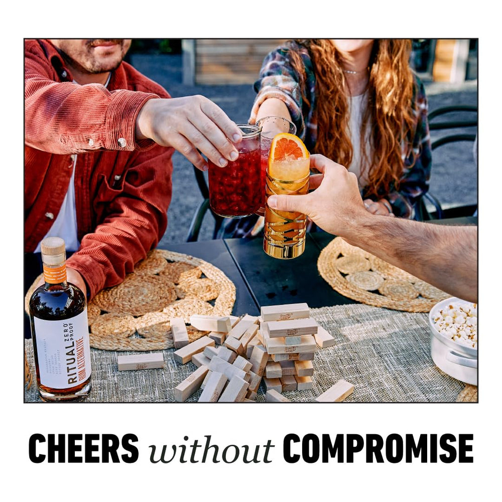 Ritual Zero-Proof Rum Alternative bottle on kitchen counter, sustainably produced in the USA