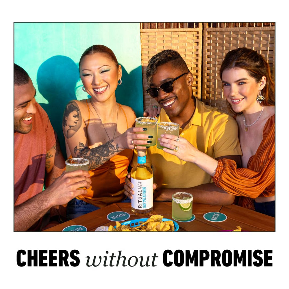 Ritual Zero-Proof bottle featuring sustainability-focused label.