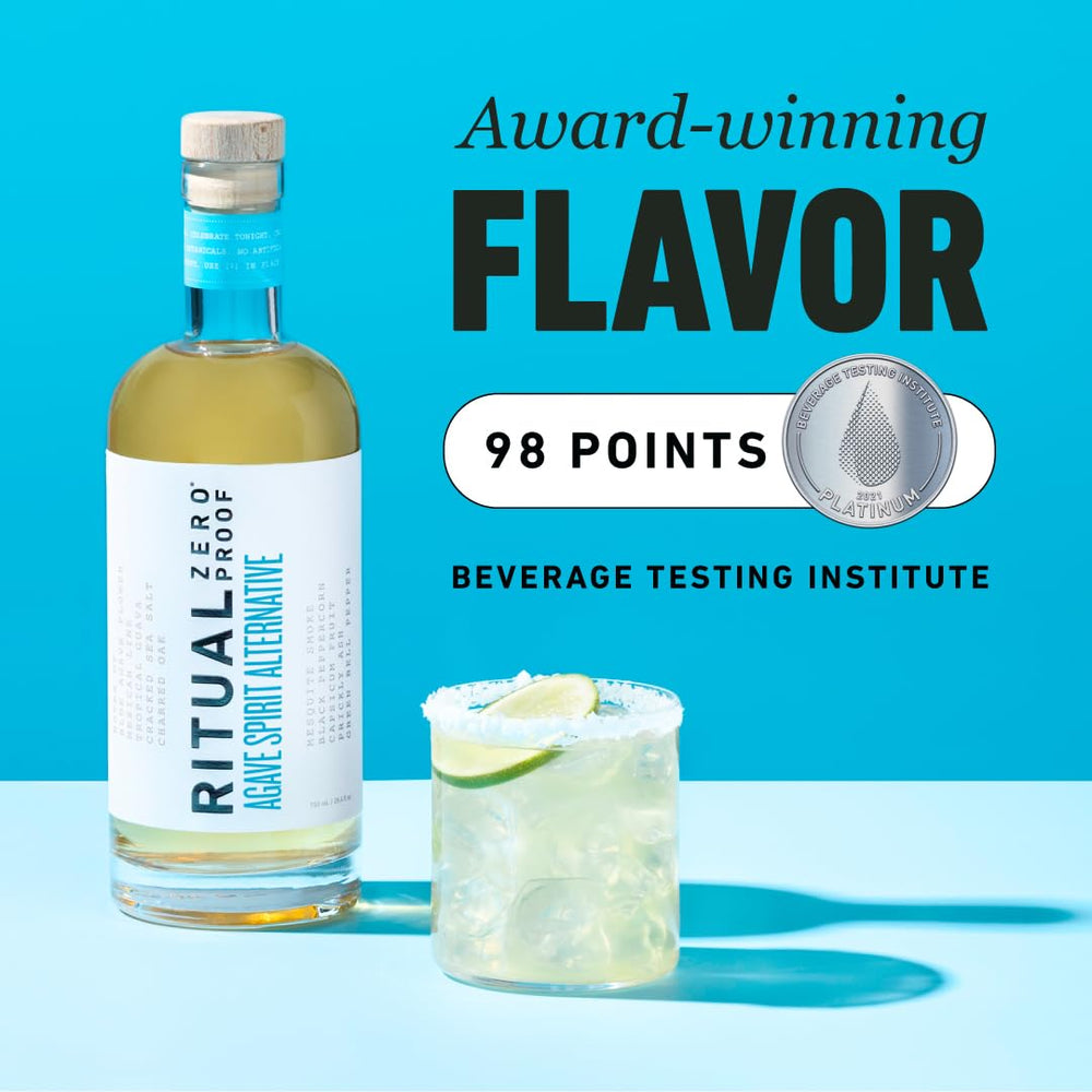 Ritual Zero-Proof tequila-sunrise-inspired cocktail in a glass showcases smoky finish.