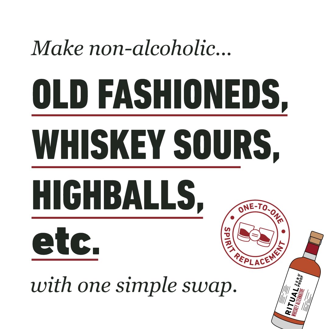 Ritual Zero-Proof whiskey in an old fashioned glass, non-alcoholic option.
