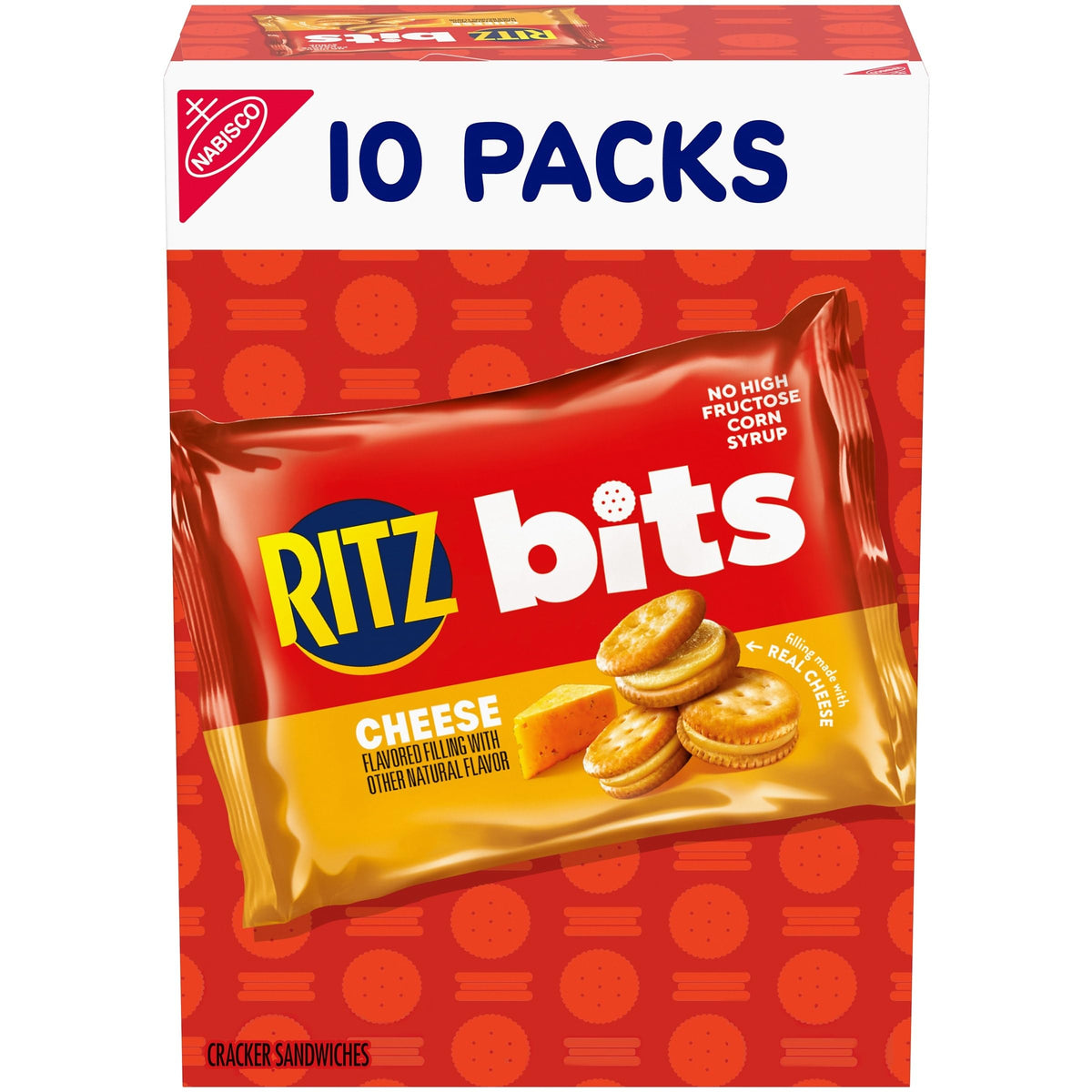 Ritz Bits Cheese Sandwich Crackers box front showing a 10-pack for easy lunch prep