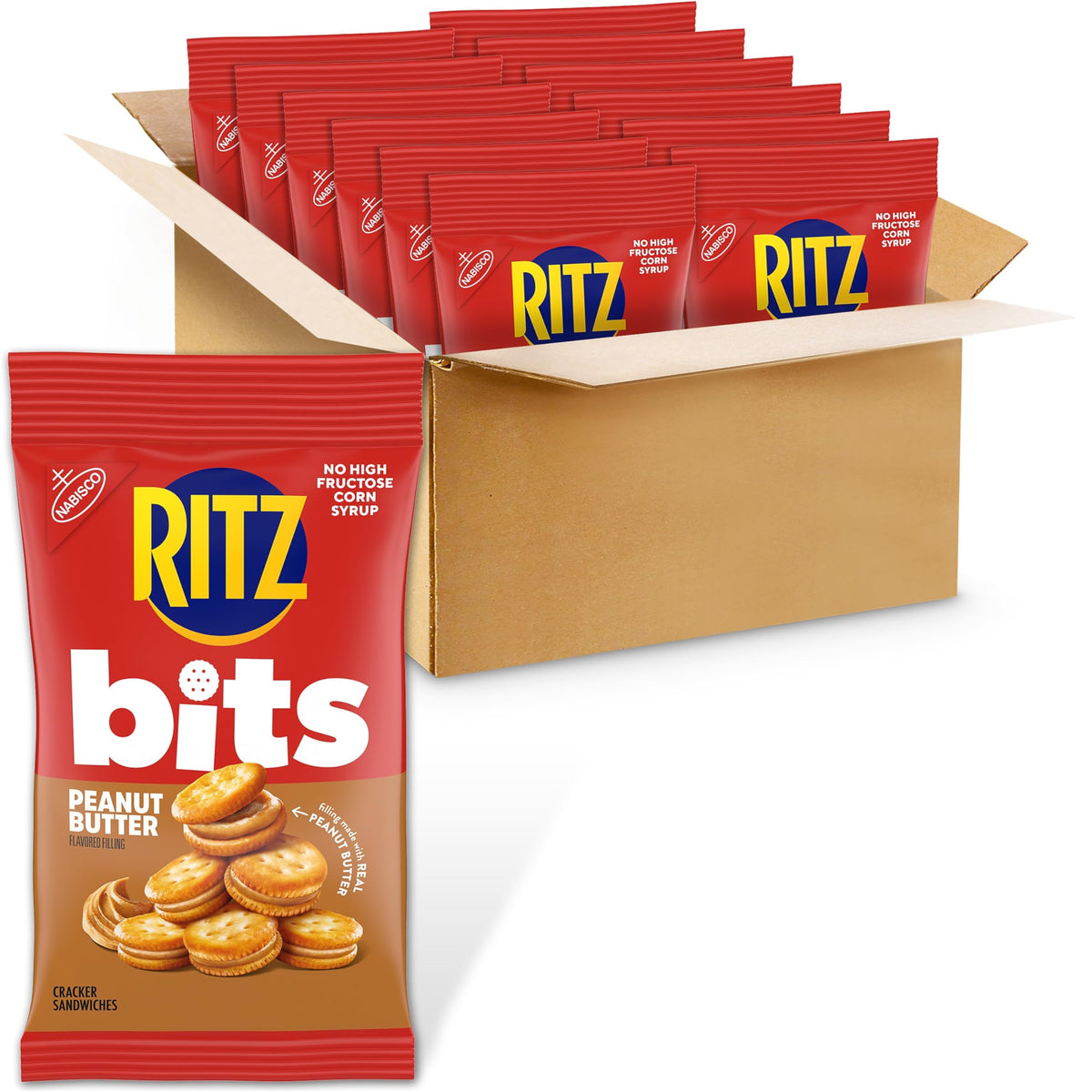 RITZ Bits Peanut Butter Sandwich Crackers packaging on shelf, bulk snack for school lunches.