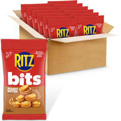 RITZ Bits Peanut Butter Sandwich Crackers packaging on shelf, bulk snack for school lunches.