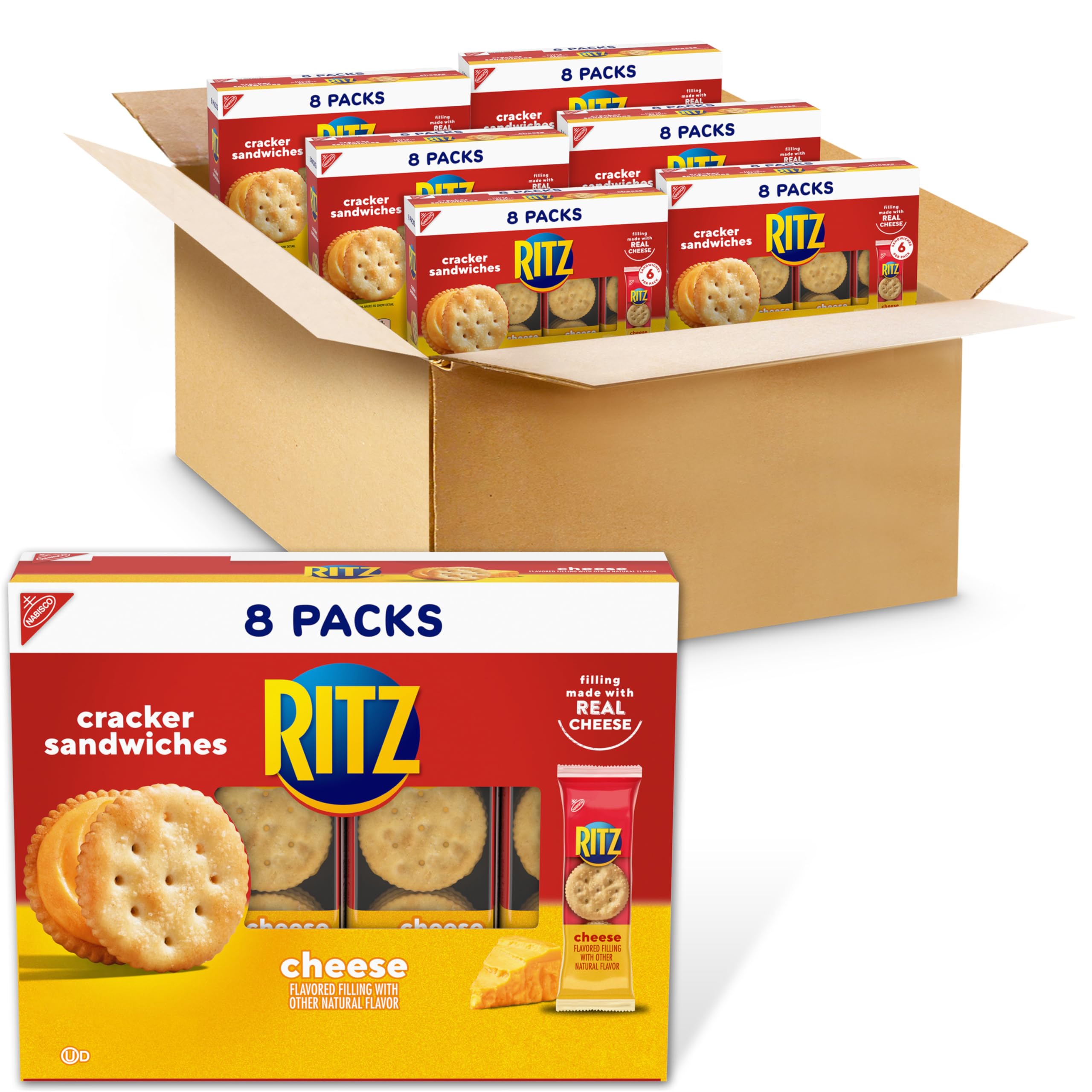 RITZ Cheese Sandwich Crackers packaging for easy pantry stocking and grab-and-go snacking.