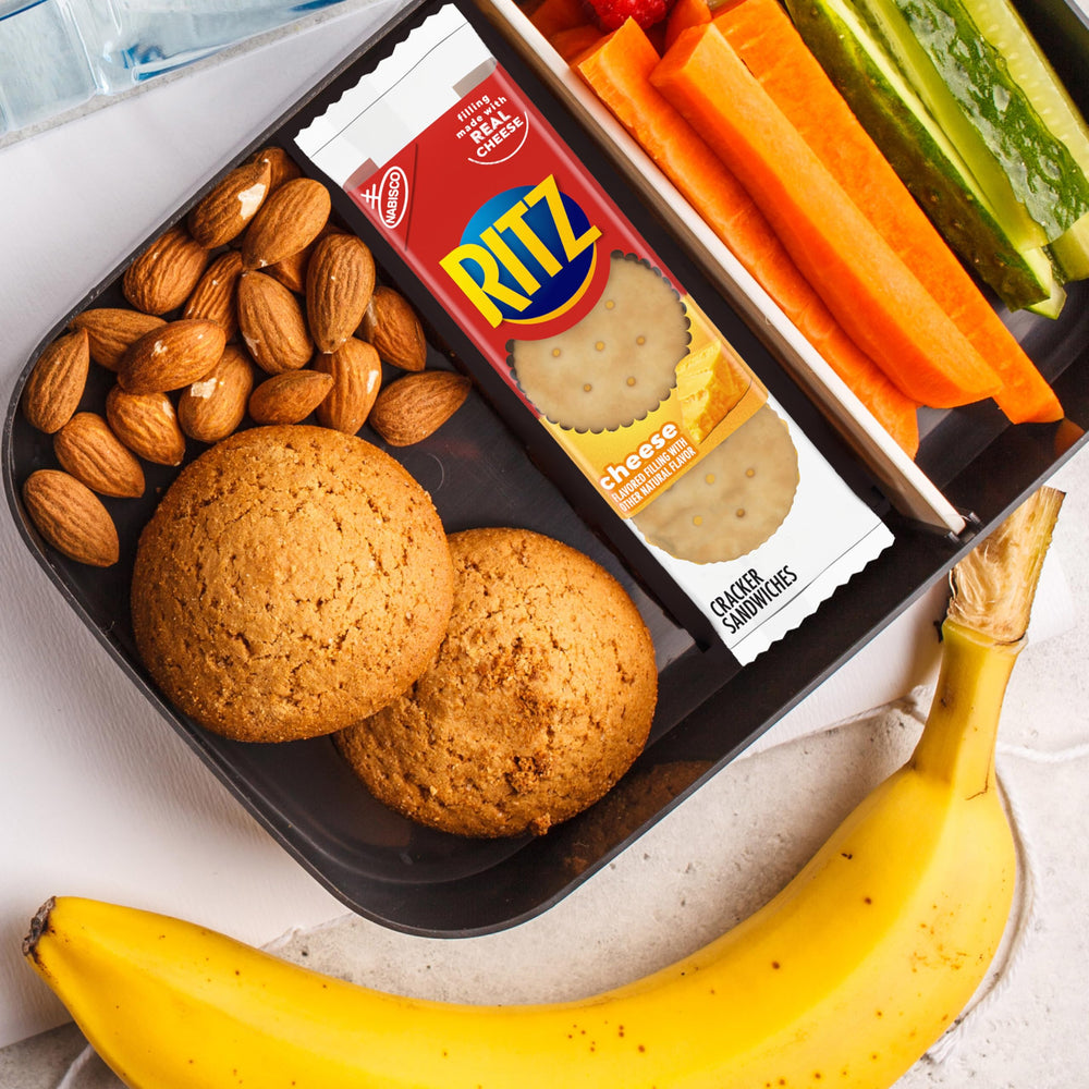 RITZ Cheese Sandwich Crackers single-serve wrap emphasizes freshness for busy days.