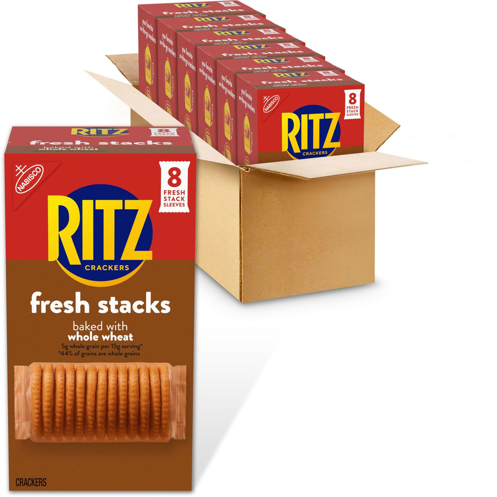 Ritz Fresh Stacks Whole Wheat Crackers box showing bulk packaging for family snacking