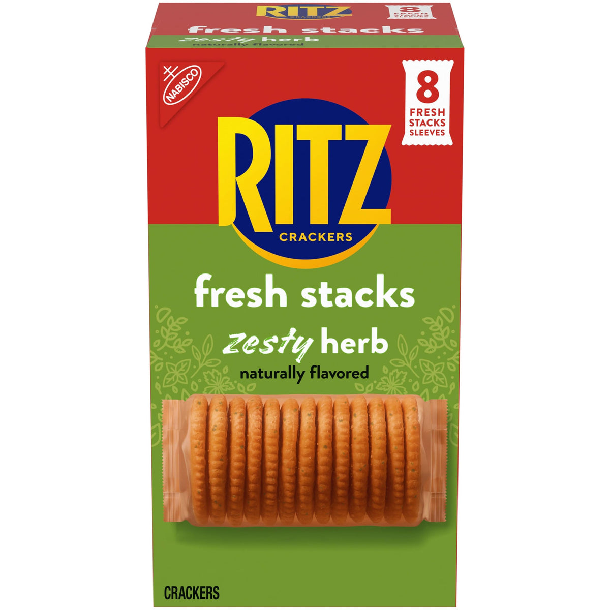 RITZ Fresh Stacks Zesty Herb Crackers packaging shows eight stacks for easy travel snacking