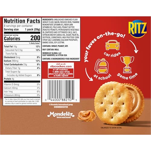 Close-up of RITZ filling: smooth peanut butter between crisp crackers.