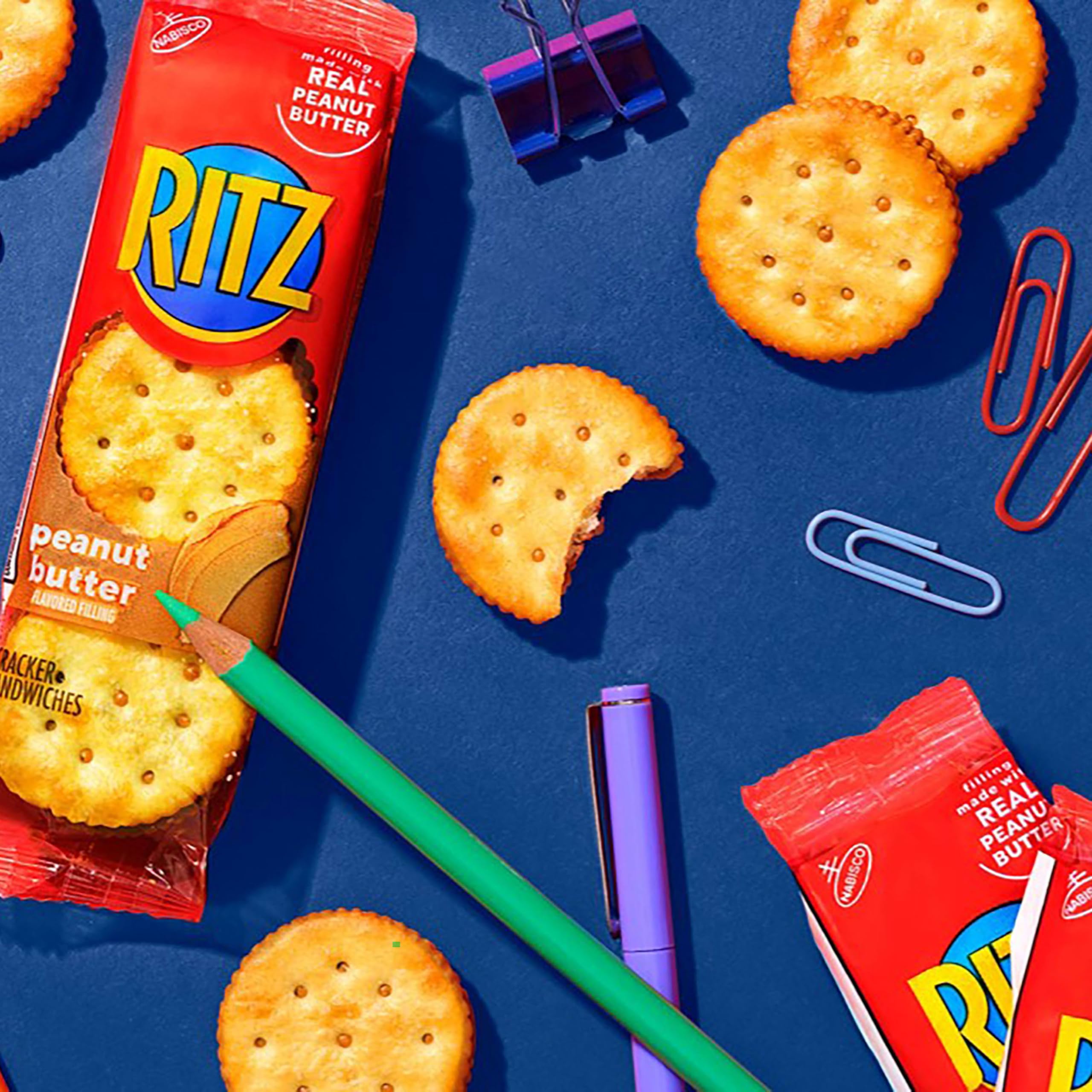 Open pack of RITZ Peanut Butter Sandwich Crackers with individual servings visible