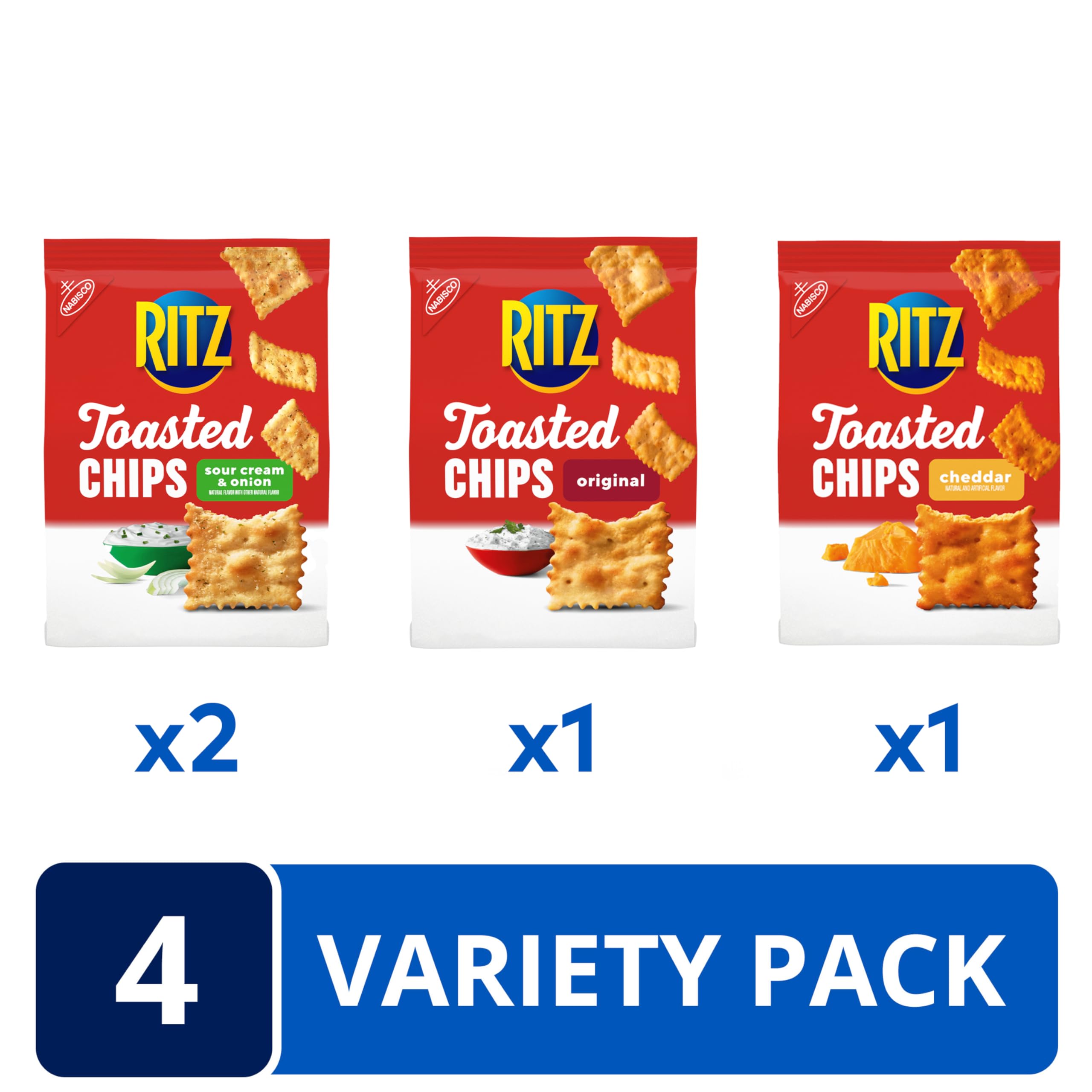 RITZ Toasted Chips Cheddar bag, creamy cheesy crunch for snacking.