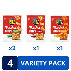 RITZ Toasted Chips Cheddar bag, creamy cheesy crunch for snacking.