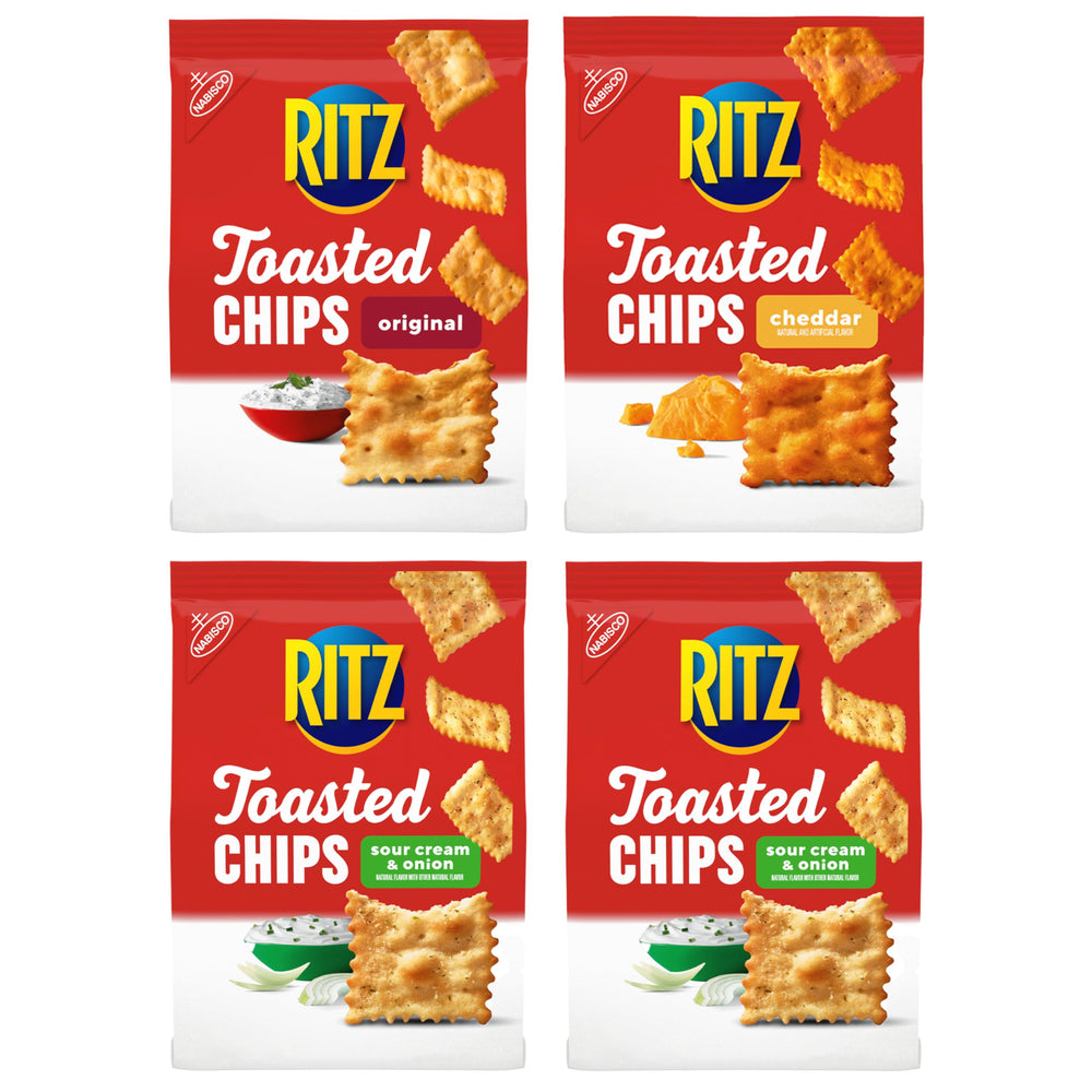 RITZ Toasted Chips 4-pack packaging, ideal for sharing at gatherings.