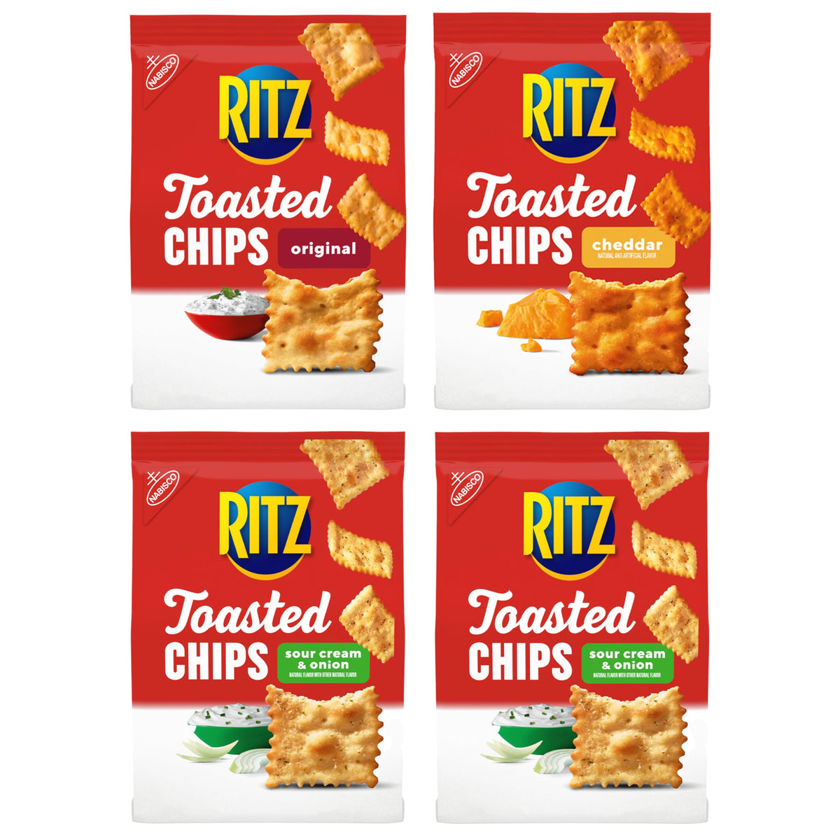 RITZ Toasted Chips 4-pack packaging, ideal for sharing at gatherings.