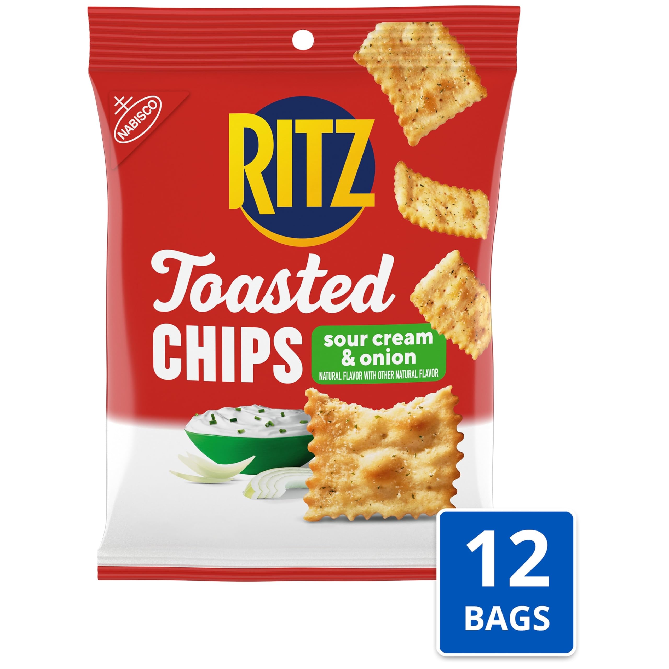 RITZ Toasted Chips Sour Cream and Onion close-up shows crispy texture.