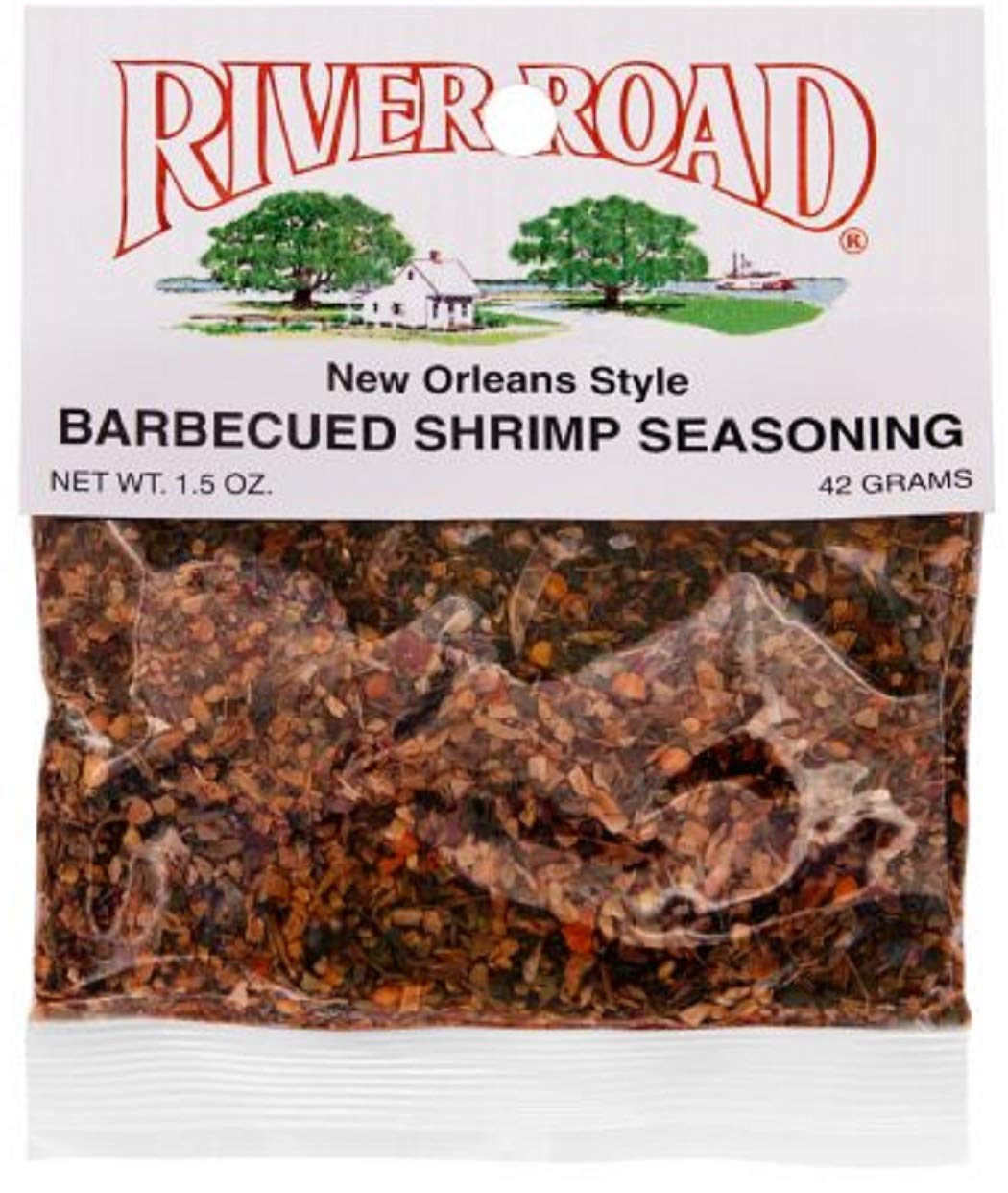 River Road New Orleans Style BBQ Shrimp Seasoning packet for quick, gluten-free shrimp dinners.