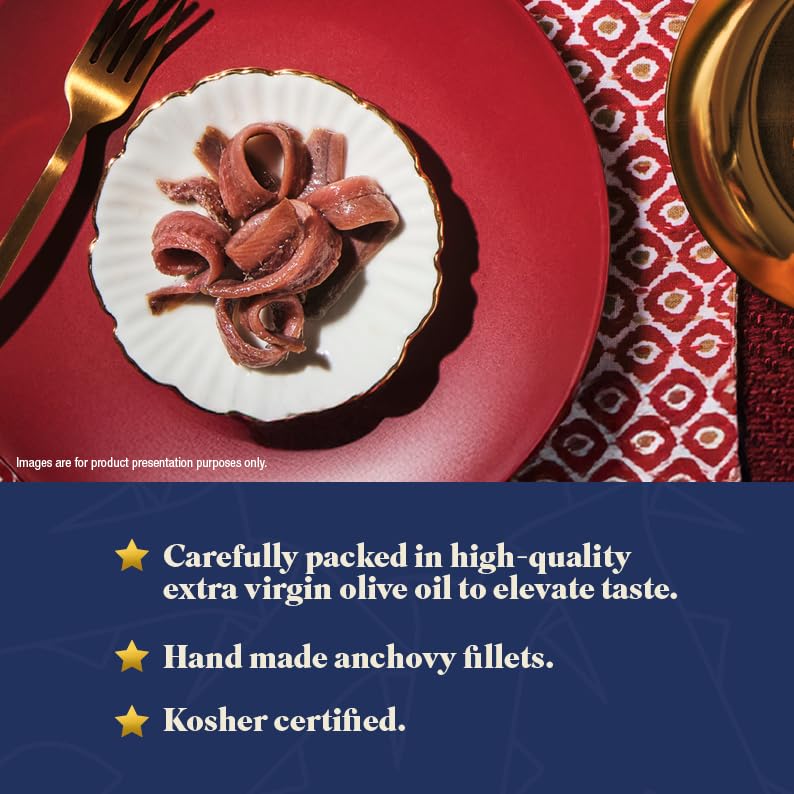 Rizzoli anchovy fillets in olive oil jar presents premium seafood flavor.