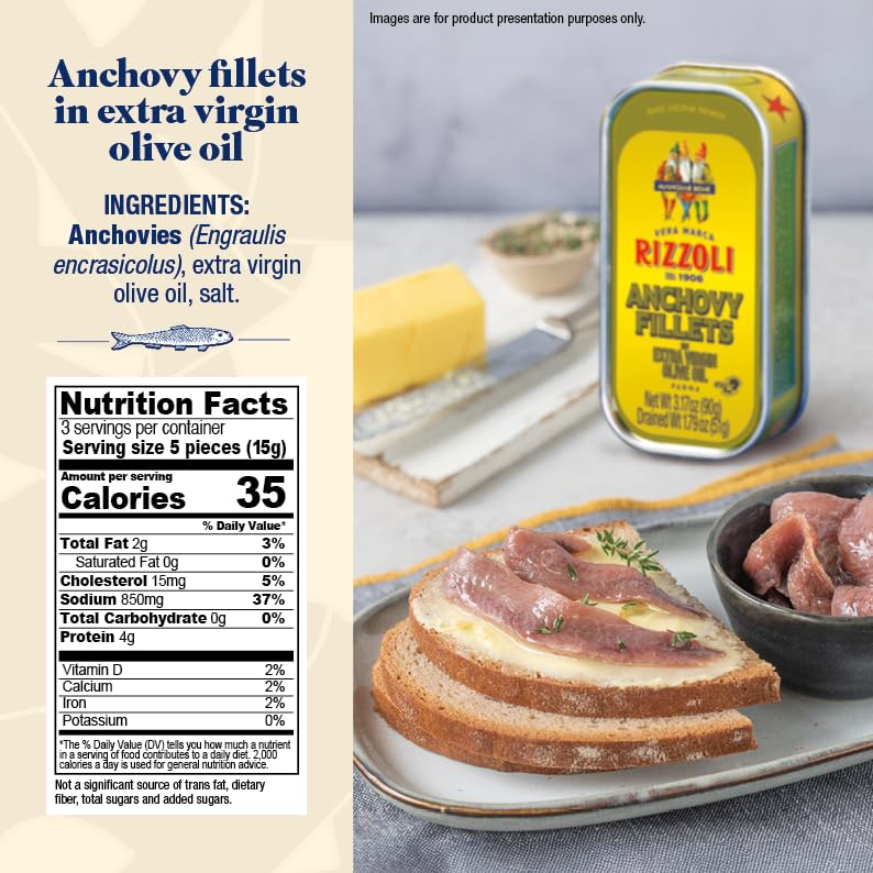 Rizzoli anchovy fillets close-up show rich olive oil and delicate brine ideal for sauces.