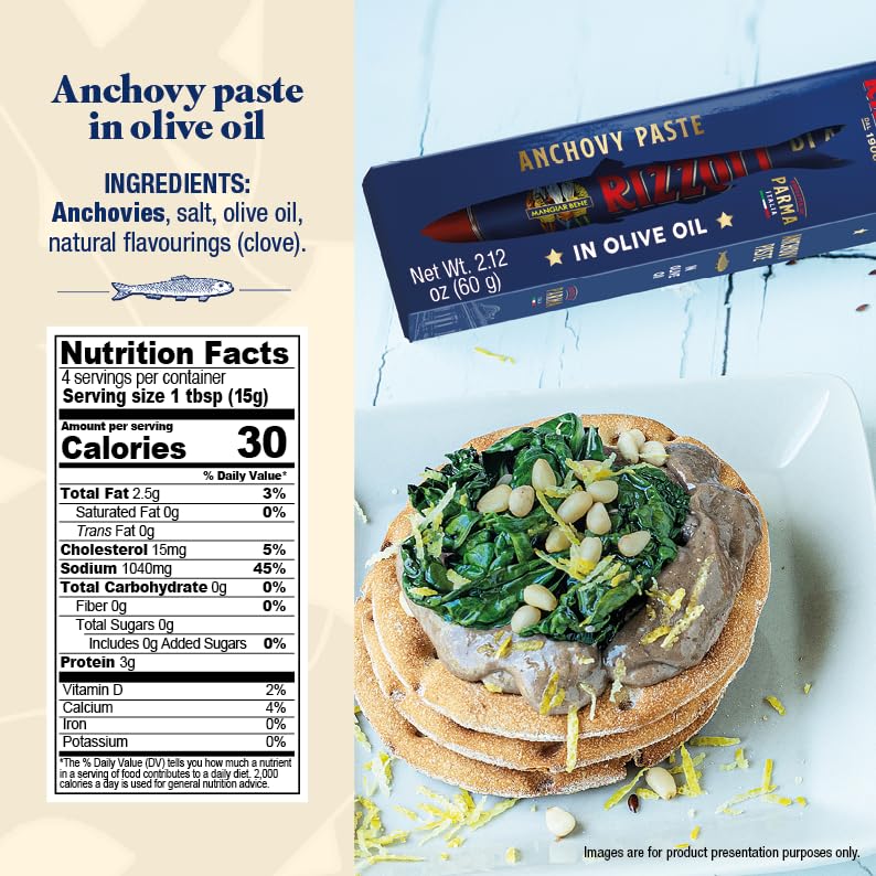 Rizzoli Mangiar Bene anchovy paste on a crostini for quick flavor boost.