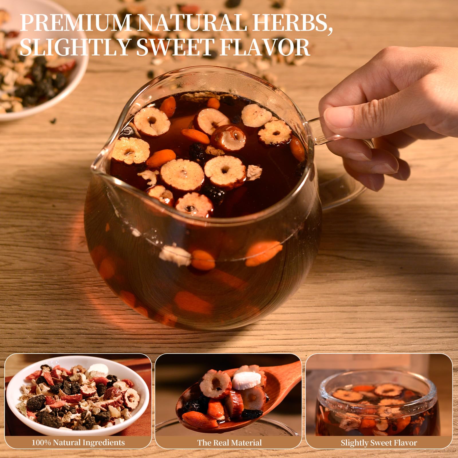 Kitchenside scene featuring Rlvym Ginseng Ten Treasures Tea ingredients.
