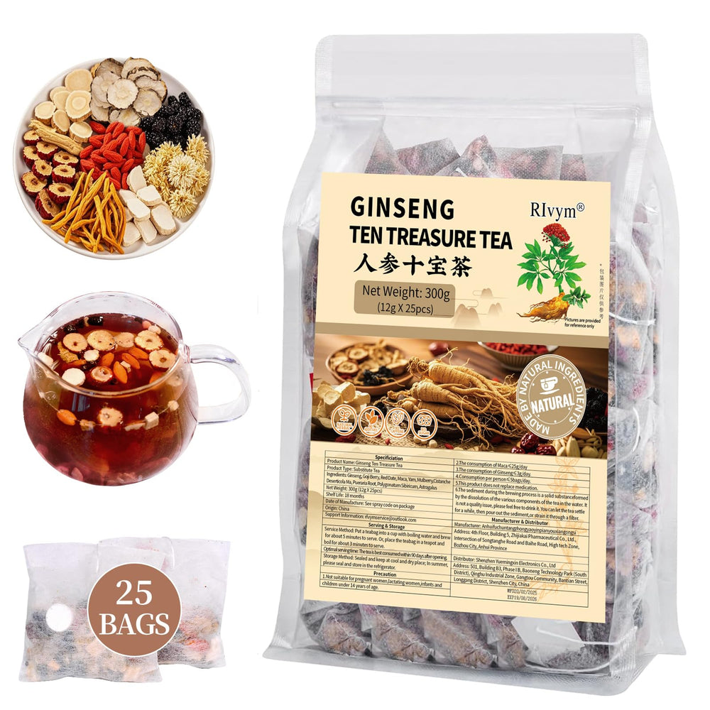 Rlvym Ginseng Ten Treasures Tea pack beside box, ready for daily vitality.