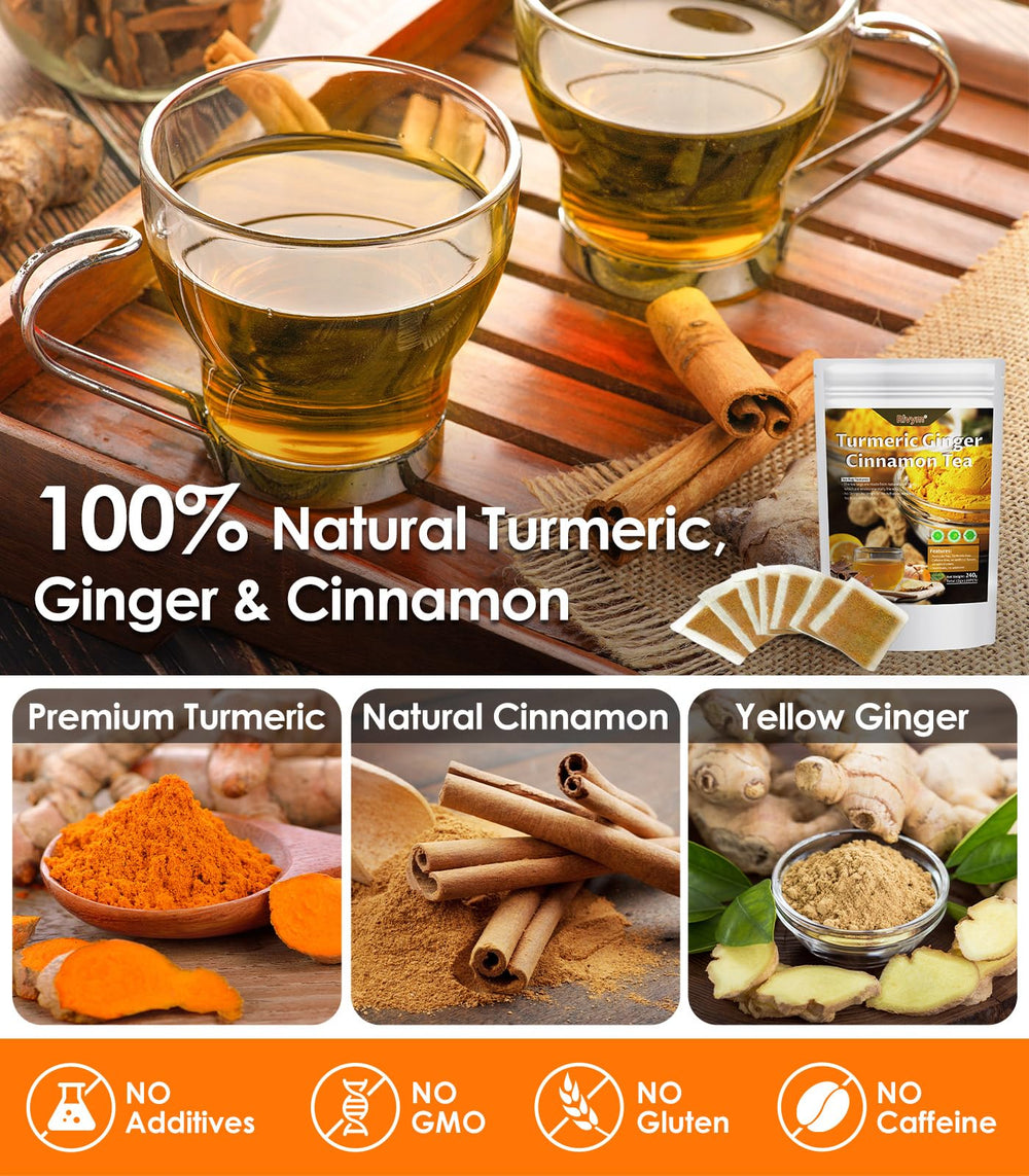 Rlvym 100% natural turmeric ginger cinnamon ingredients for a fragrant, comforting cup.