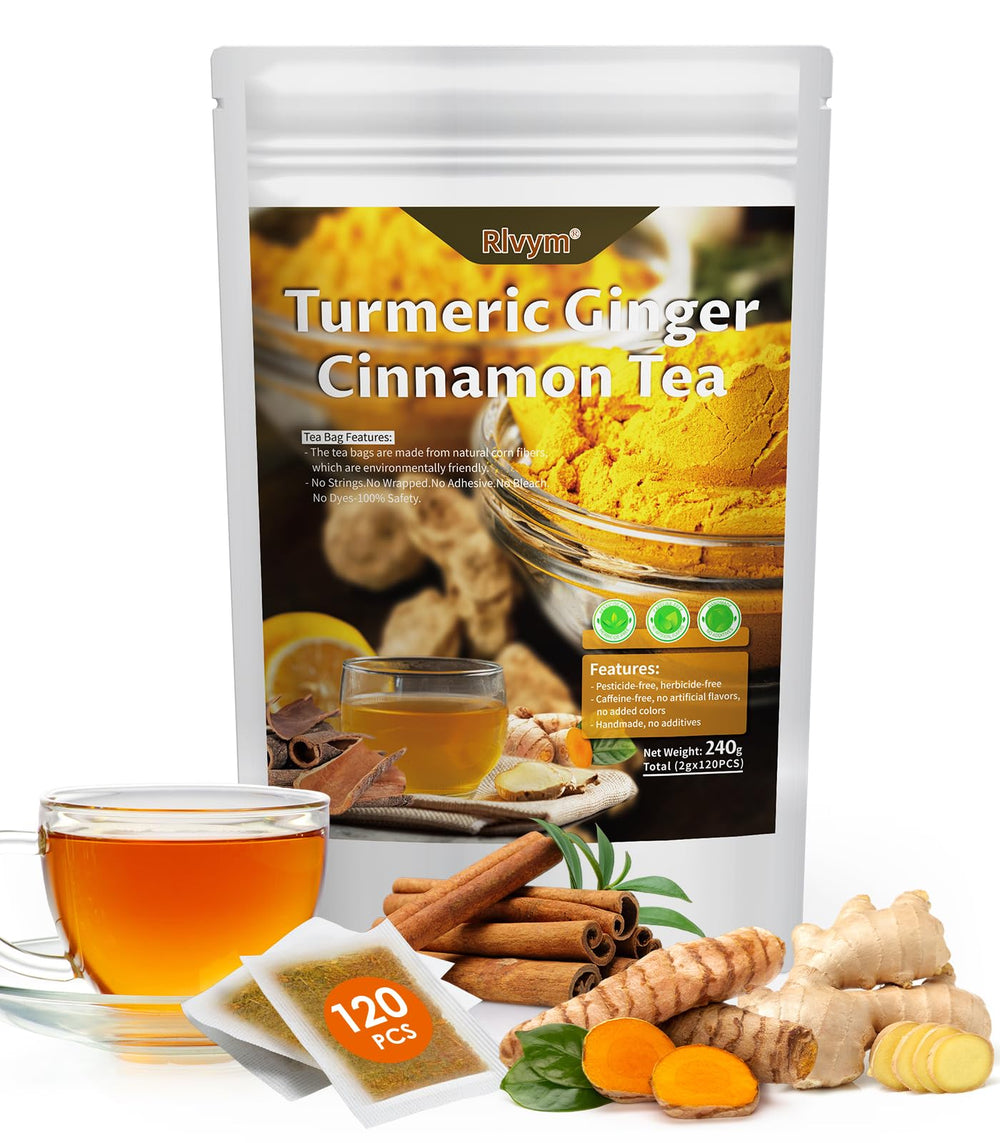 Rlvym turmeric ginger cinnamon tea bags in eco-friendly corn fiber packaging for a pure brew.