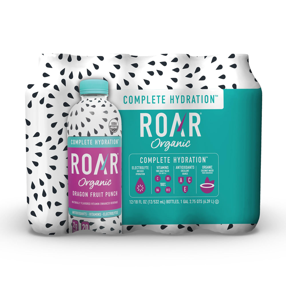 ROAR Complete Hydration Dragonfruit Punch bottle showing vibrant flavor for post-workout refreshment