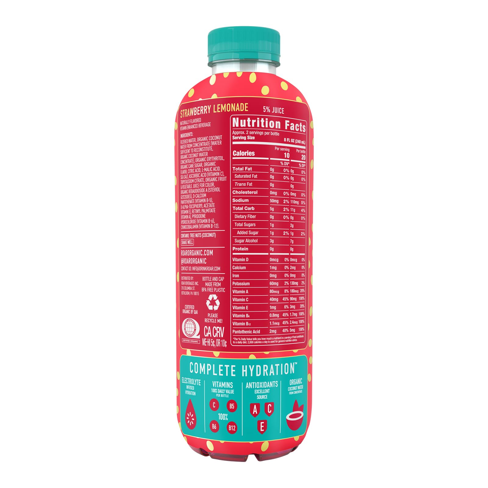 ROAR Complete Hydration Georgia Peach bottle, fruity notes for on-the-go hydration.