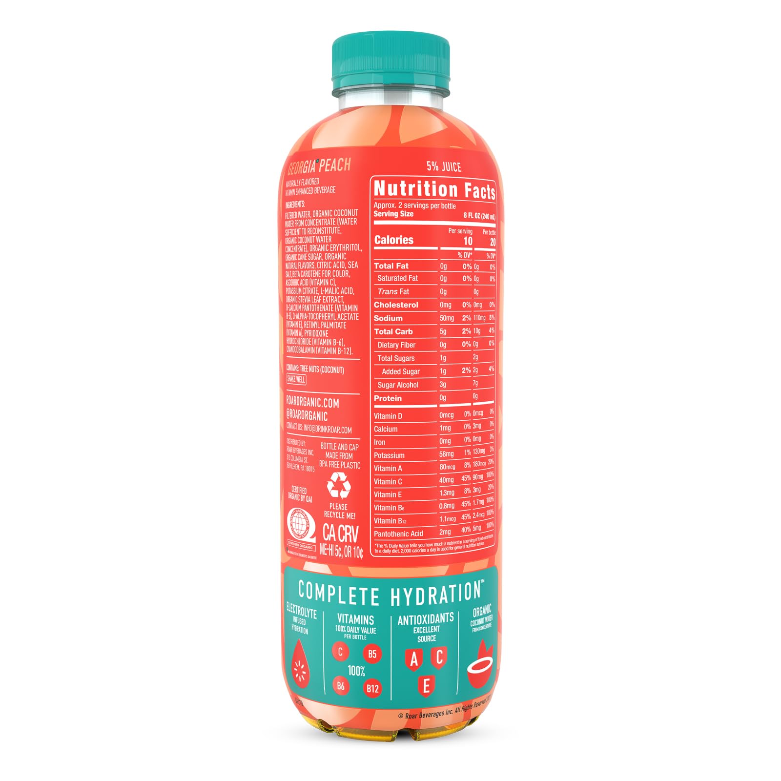ROAR Complete Hydration Ingredients label, highlights organic coconut water and minerals.