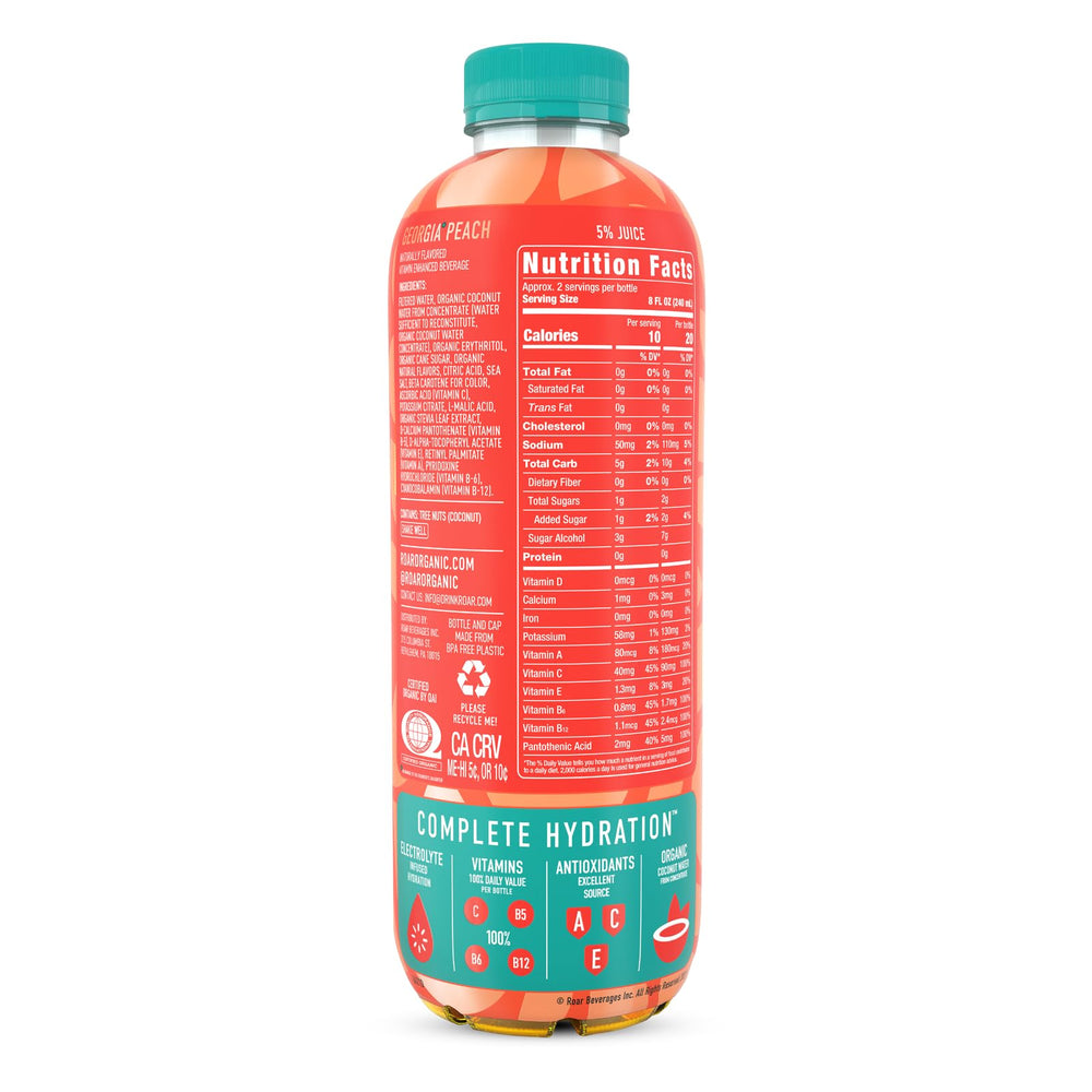 ROAR Complete Hydration Ingredients label, highlights organic coconut water and minerals.