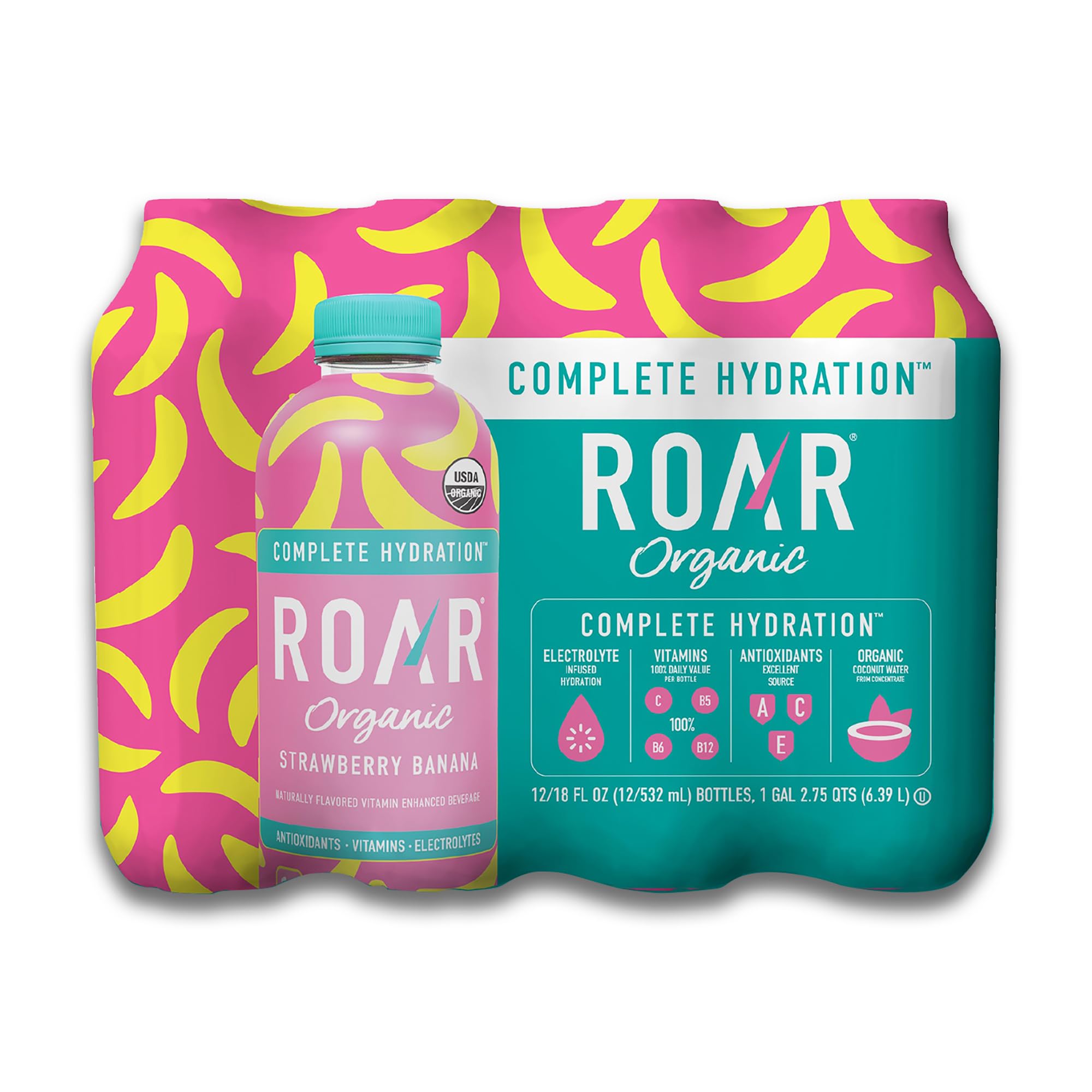 ROAR Organic Complete Hydration strawberry-banana bottle front for quick electrolyte replenishment