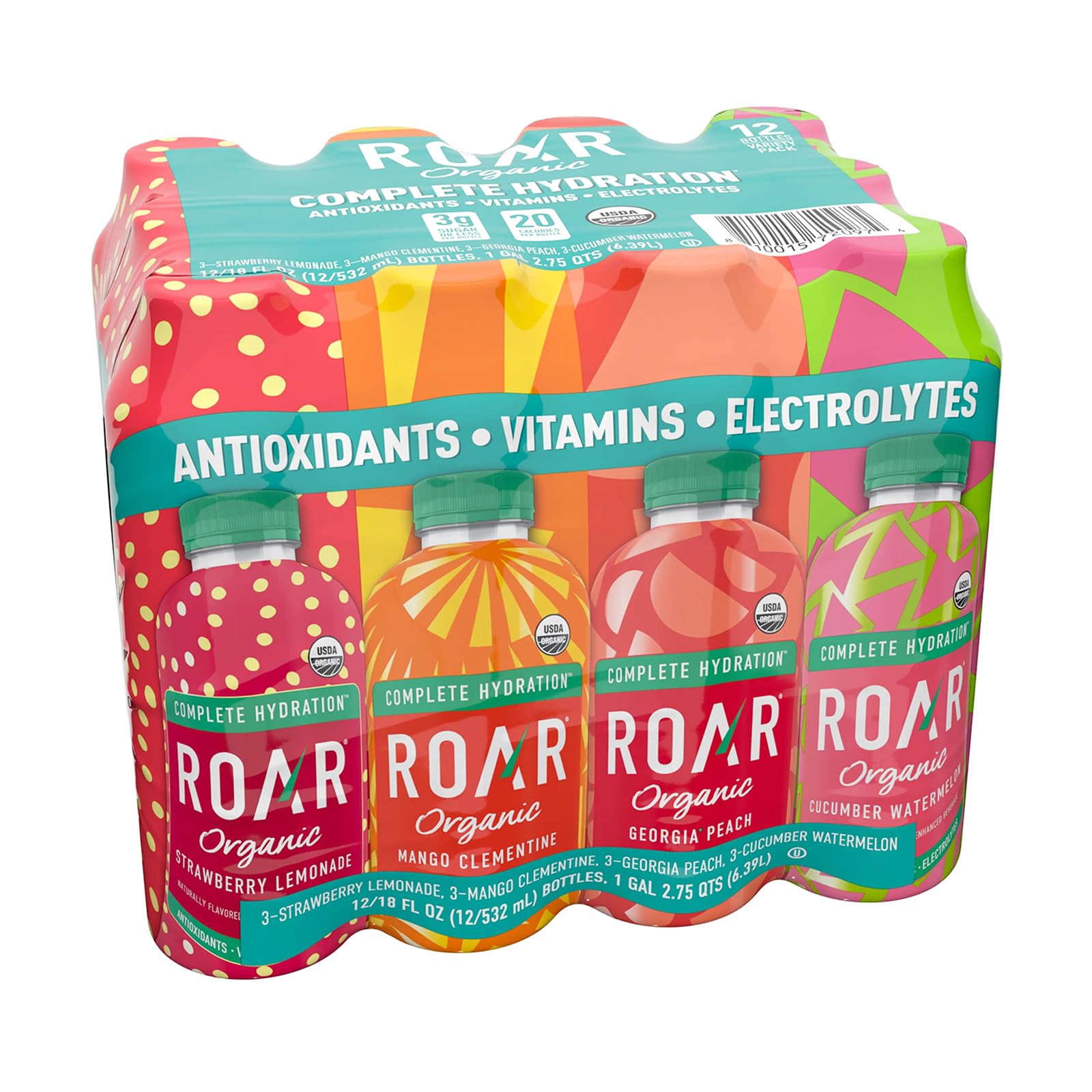 ROAR Complete Hydration Strawberry Lemonade bottle, refreshing flavor for post-workout recovery.