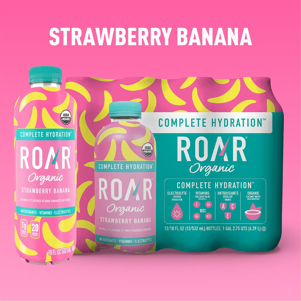 ROAR Organic coconut-water base bottle emphasizes natural hydration and clean taste