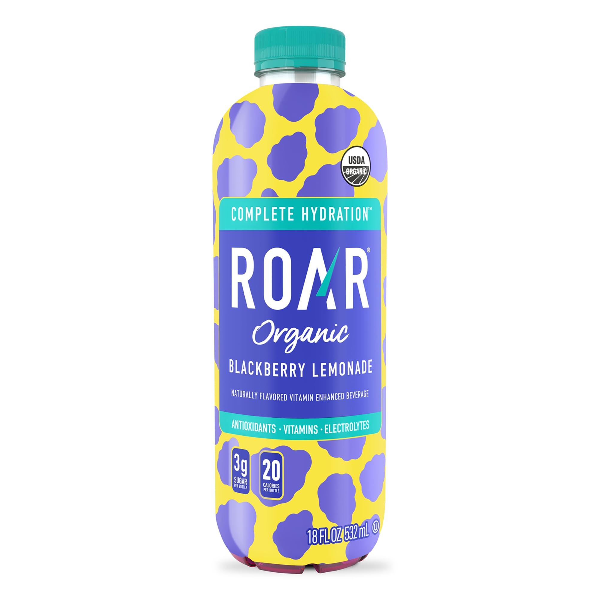 ROAR Organic Complete Hydration blackberry-lemonade flavor label, ideal for refreshing on the go