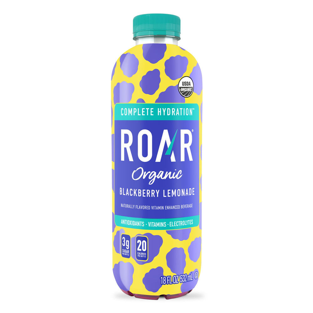 ROAR Organic Complete Hydration blackberry-lemonade flavor label, ideal for refreshing on the go