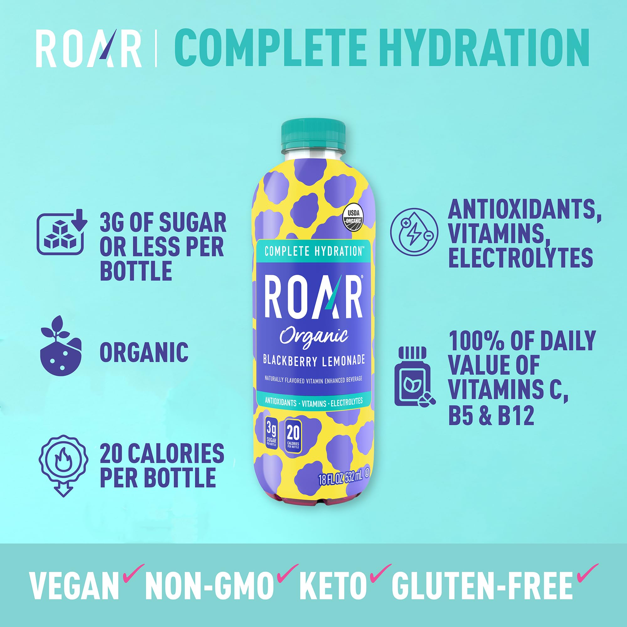 ROAR Organic Complete Hydration bottle side view, perfect for workouts and travel