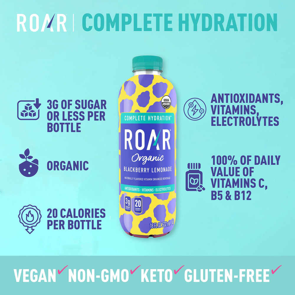 ROAR Organic Complete Hydration bottle side view, perfect for workouts and travel