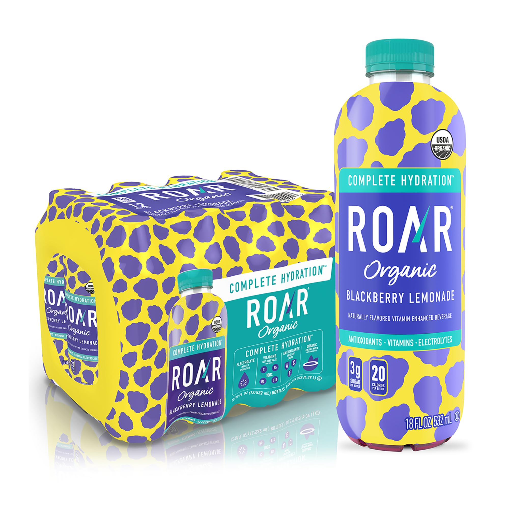 ROAR Organic Complete Hydration glass pour reveals vibrant blackberry lemonade color