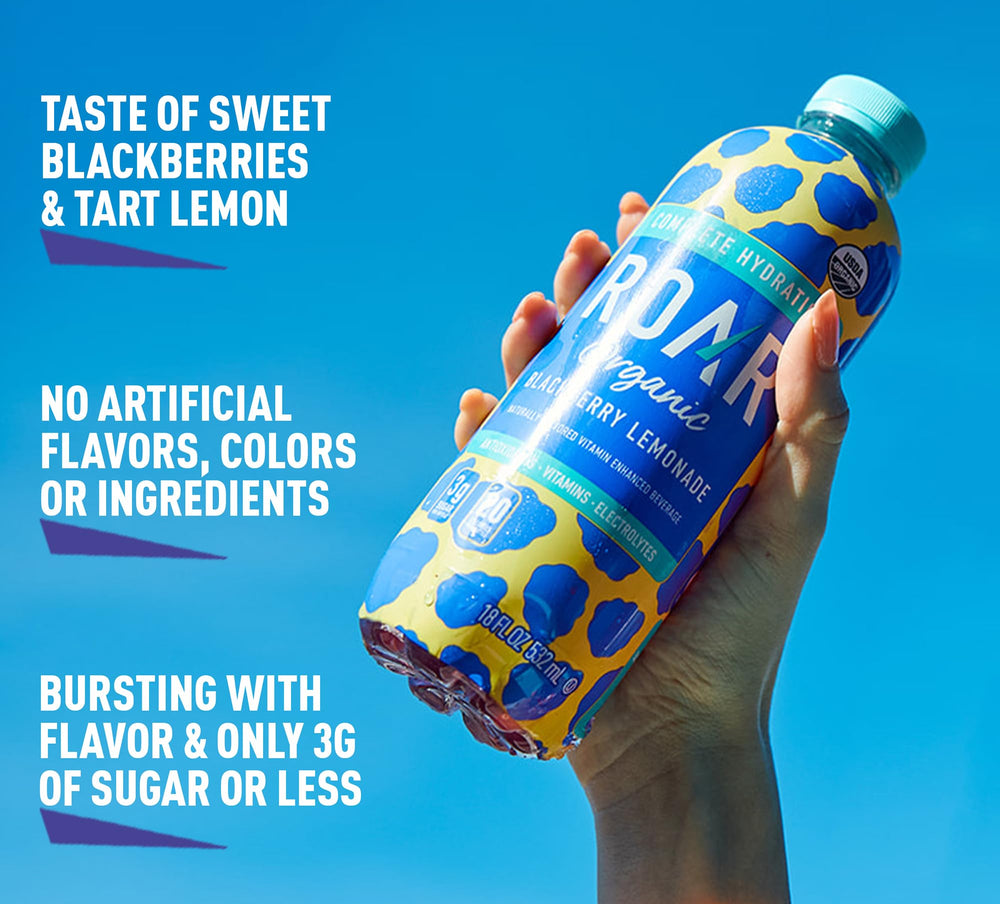 ROAR Organic Complete Hydration packaging shows a 12-pack