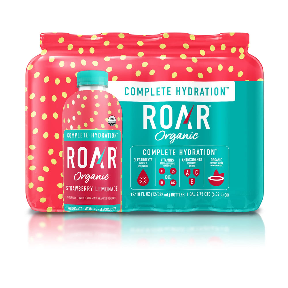 ROAR Organic Complete Hydration strawberry lemonade bottle highlights electrolytes for quick hydration.