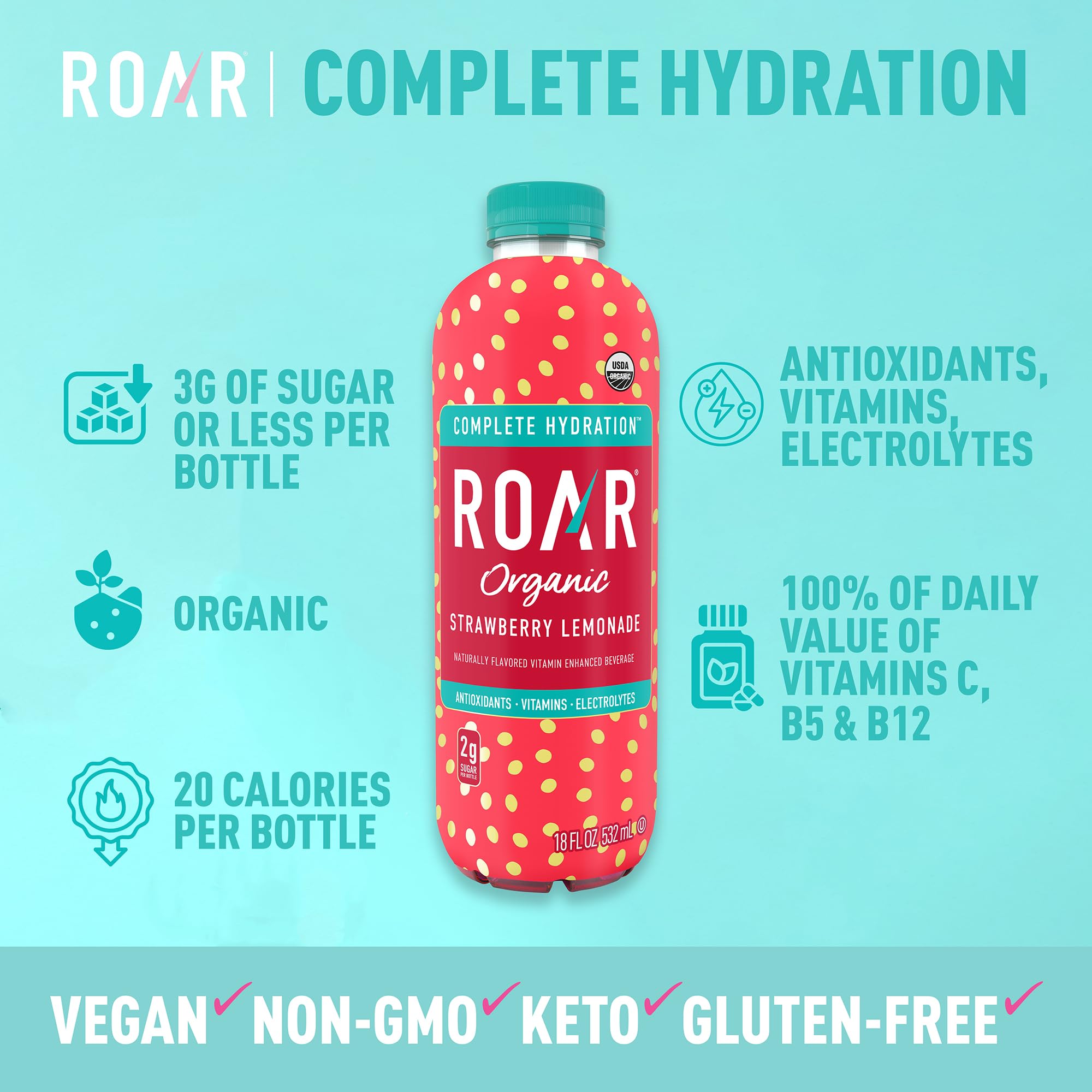 ROAR Organic Complete Hydration strawberry lemonade pour demonstrates easy, refreshing hydration on the go.