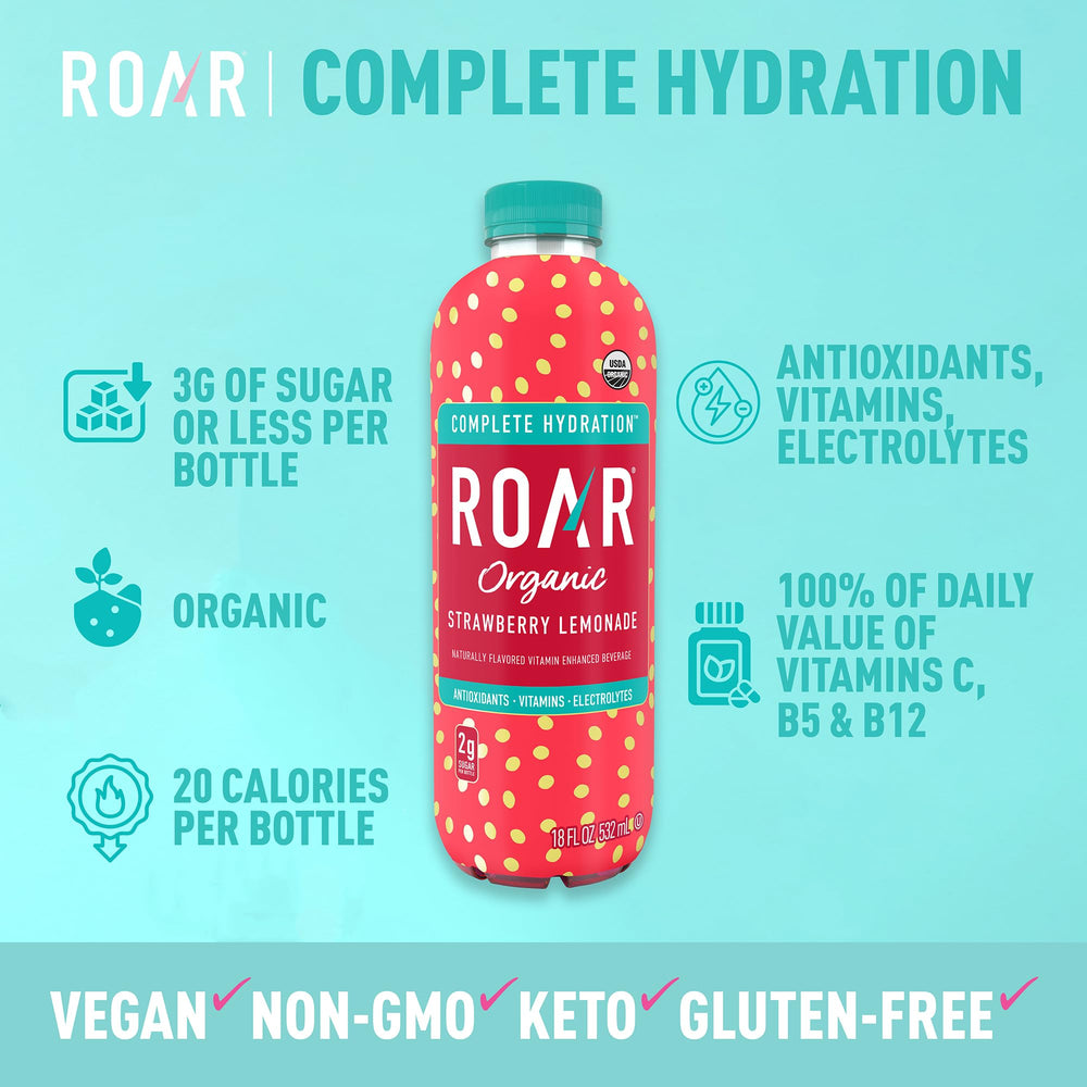 ROAR Organic Complete Hydration strawberry lemonade pour demonstrates easy, refreshing hydration on the go.