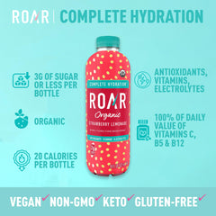 ROAR Organic Complete Hydration strawberry lemonade pour demonstrates easy, refreshing hydration on the go.