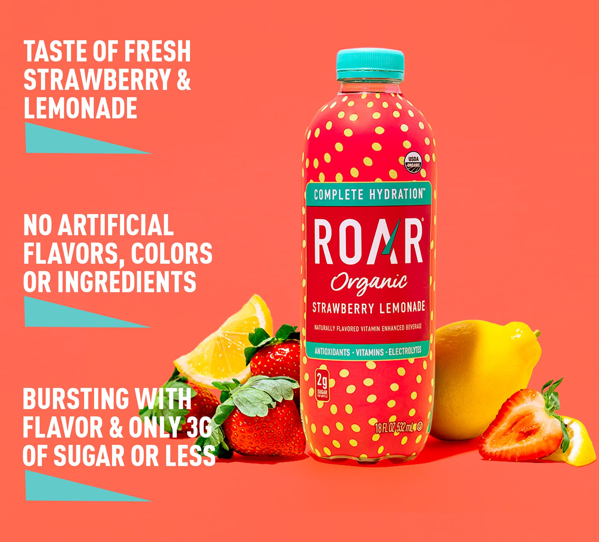 ROAR Organic glass with splash conveys a fresh, fruity hydration moment.