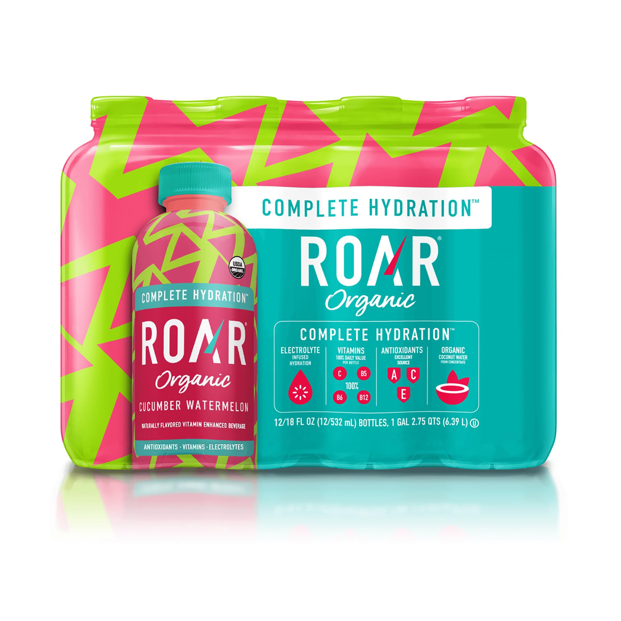 ROAR Organic Electrolyte Infusions cucumber watermelon bottle for refreshing hydration on the go