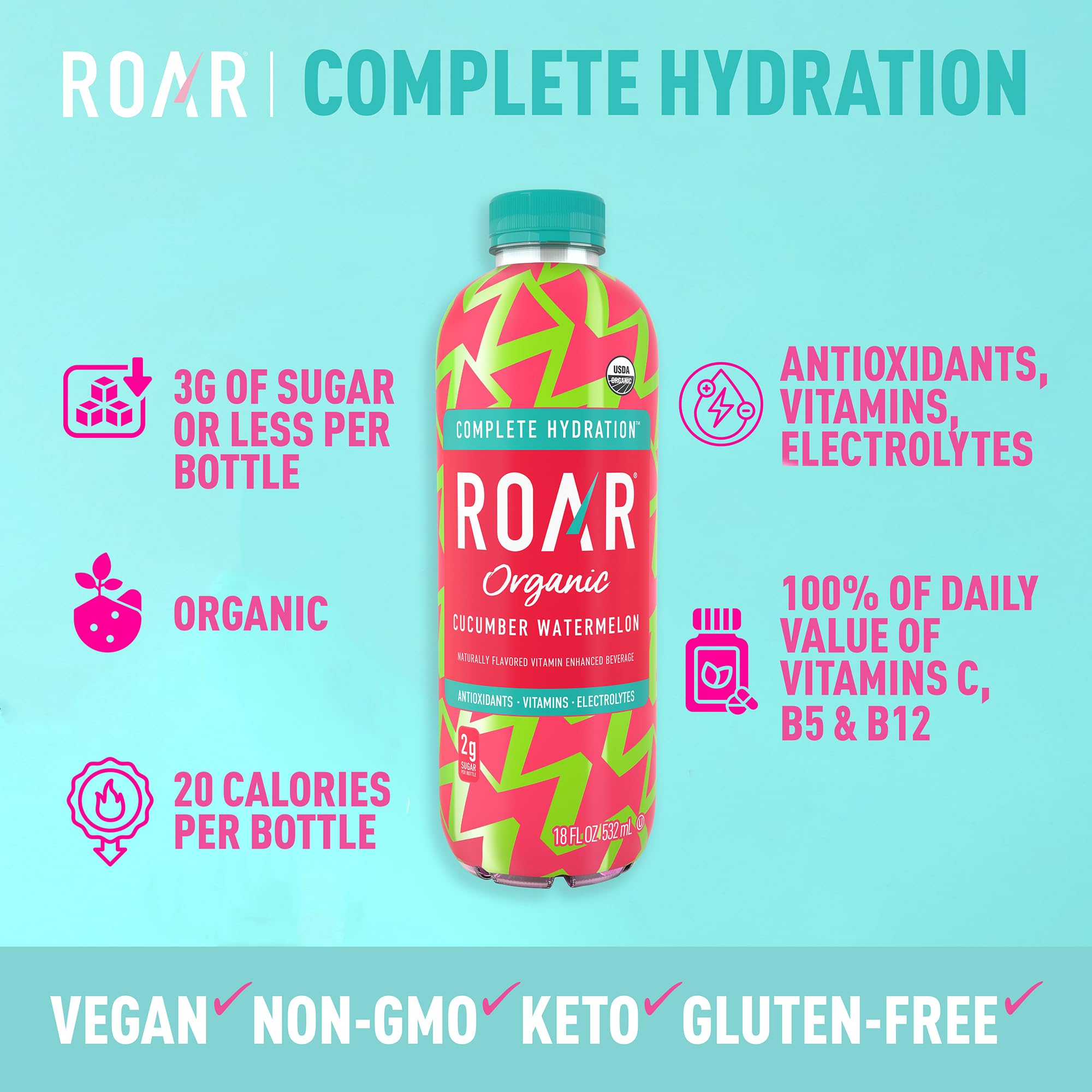 ROAR Organic Electrolyte Infusions cucumber watermelon label showing USDA Organic certification