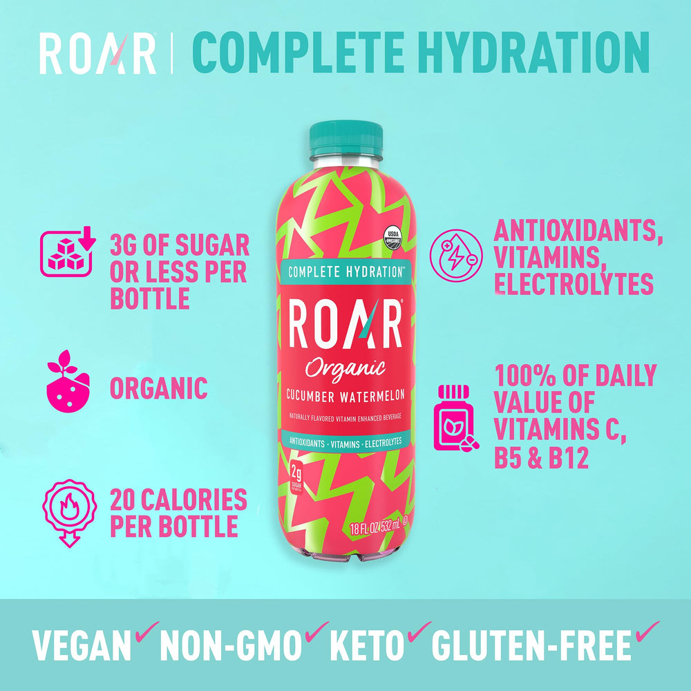 ROAR Organic Electrolyte Infusions cucumber watermelon label showing USDA Organic certification